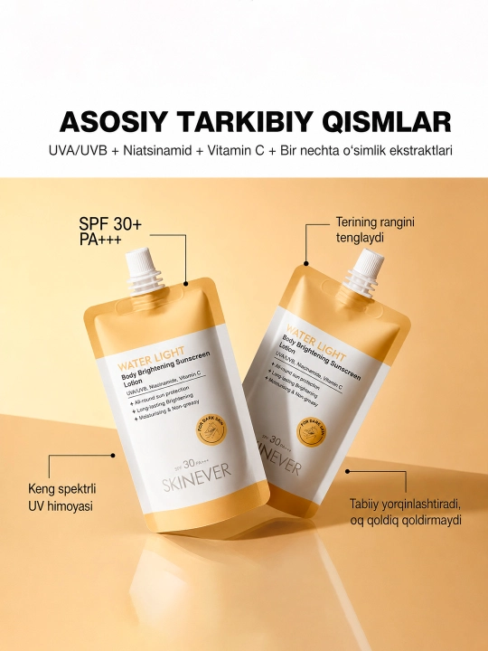 SKINEVER SPF30 PA+++ tana uchun quyoshdan himoya qiluvchi va oqartiruvchi losyon