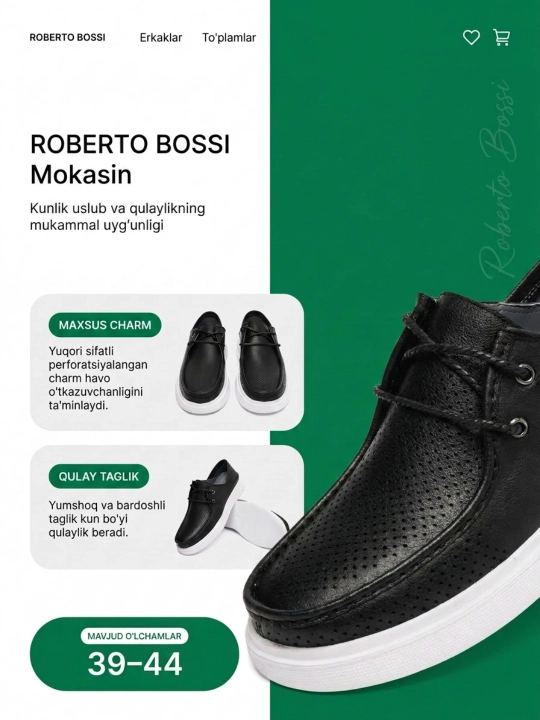Roberto Bossi erkaklar charm mokasinlari, bahor, yoz, kuz, o'lchamlari 39 dan 44 gacha