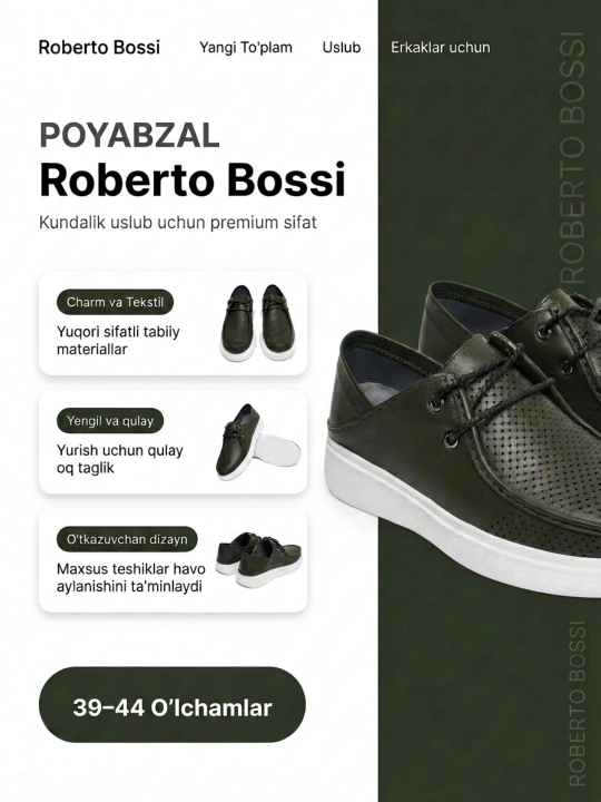 Roberto Bossi erkaklar charm mokasinlari, bahor, yoz, kuz, o'lchamlari 39 dan 44 gacha