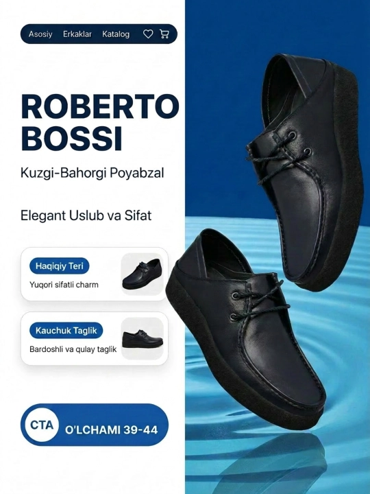Roberto Bossi erkaklar charm mokasinlari, bahor, yoz, kuz, o'lchamlari 39 dan 44 gacha