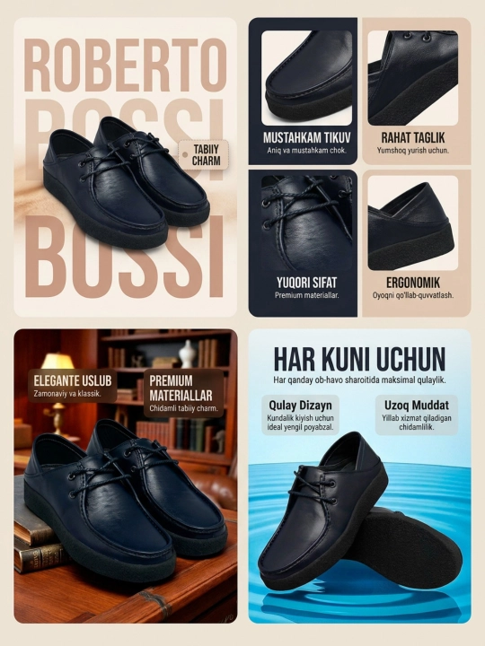 Roberto Bossi erkaklar charm mokasinlari, bahor, yoz, kuz, o'lchamlari 39 dan 44 gacha