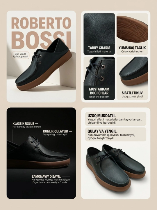 Roberto Bossi erkaklar charm mokasinlari, bahor, yoz, kuz, o'lchamlari 39 dan 44 gacha