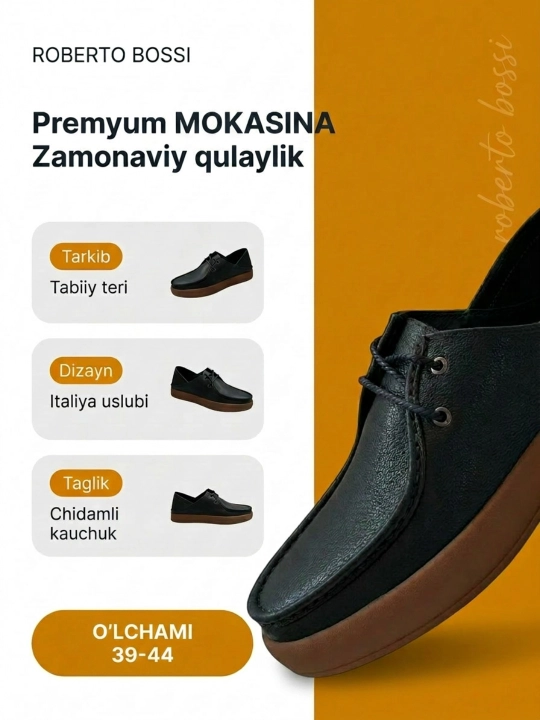 Roberto Bossi erkaklar charm mokasinlari, bahor, yoz, kuz, o'lchamlari 39 dan 44 gacha