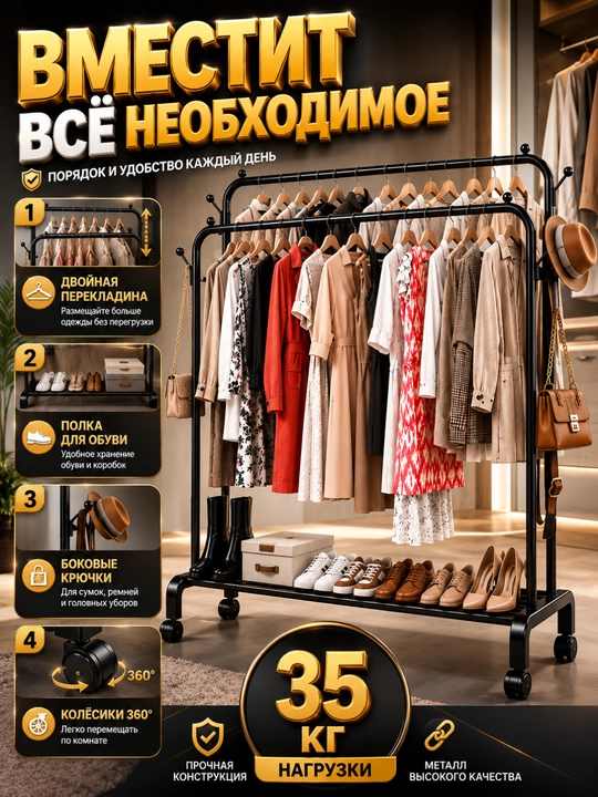 Veshalka, kiyimlar uchun ikki qavatli metall, g'ildirakli kiyim ilgichi, 35 kg
