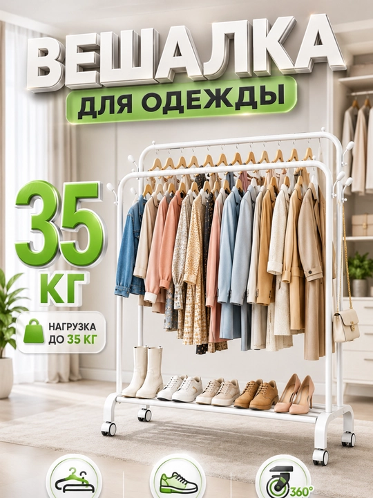 Veshalka, kiyimlar uchun ikki qavatli metall, g'ildirakli kiyim ilgichi, 35 kg - 