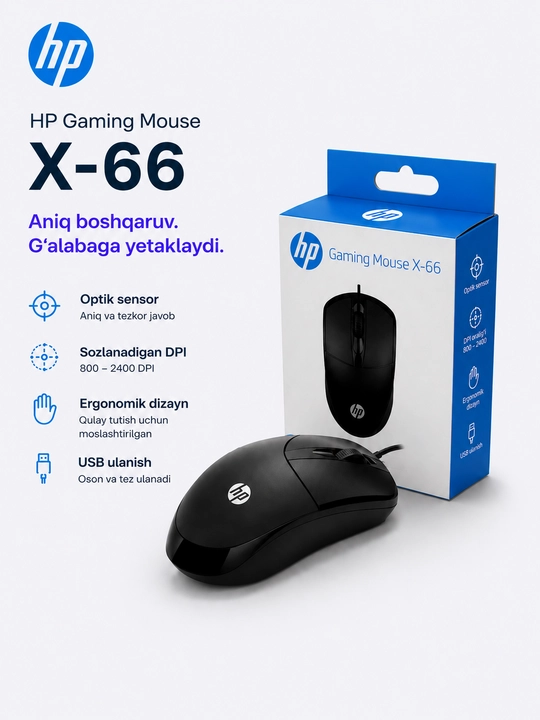 Проводная оптическая игровая мышь HP X-66, USB, черная - 