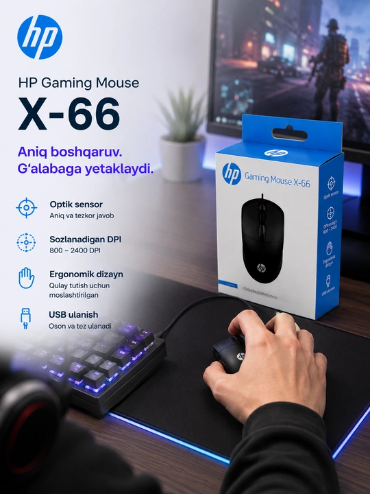 HP X-66 Gaming Mouse simli optik sichqoncha, USB, qora