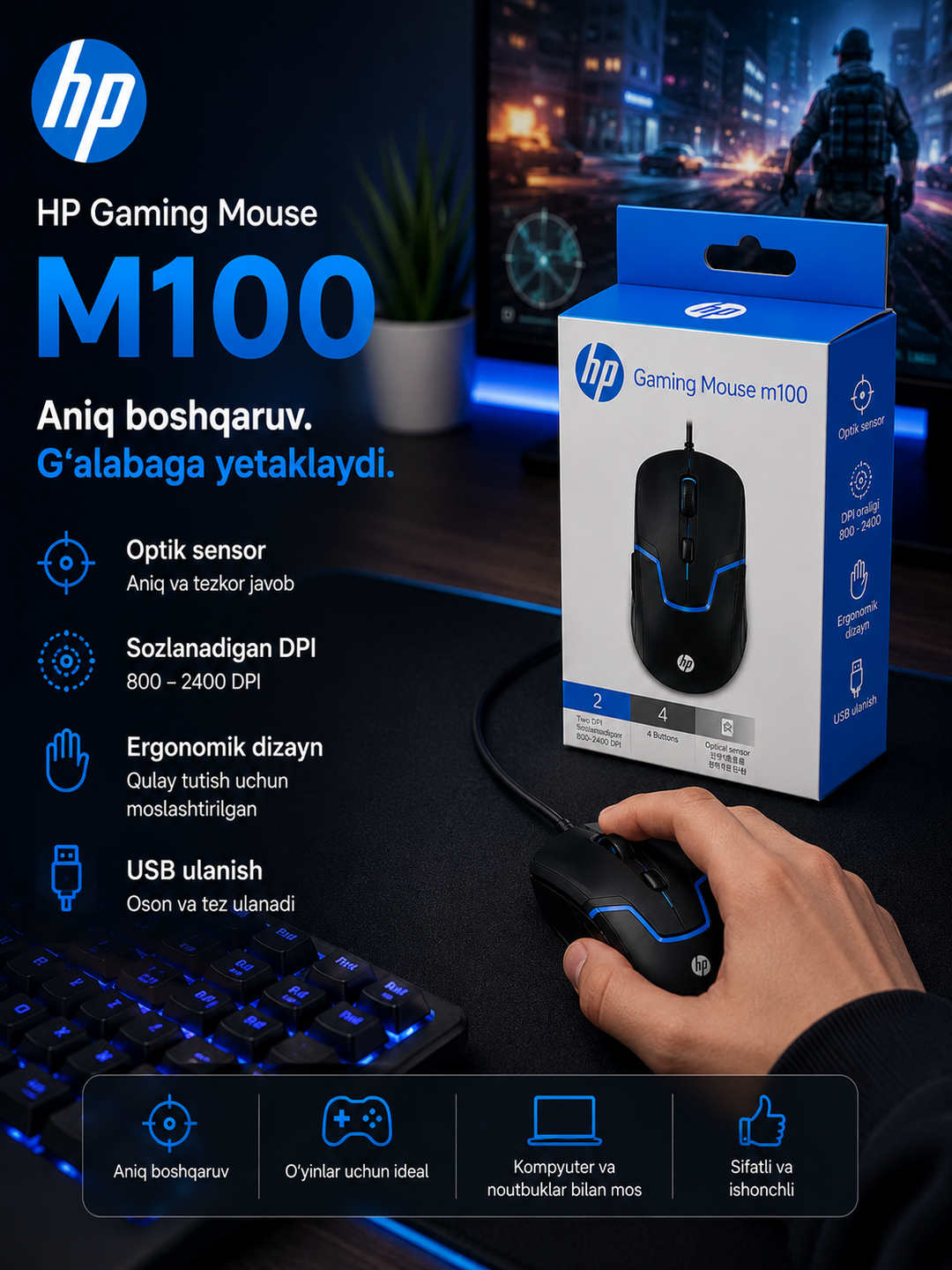 HP X-66 Gaming Mouse simli optik sichqoncha, USB, qora