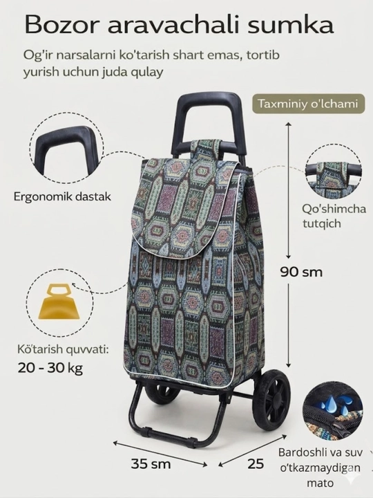 Arava sumka, shopper sumka, g'ildirakli sumka, bozor sumkasi, katta sumka, yuk sumka - 