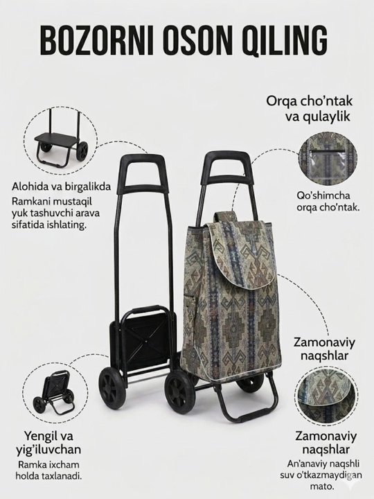 Arava sumka, shopper sumka, g'ildirakli sumka, bozor sumkasi, katta sumka, yuk sumka