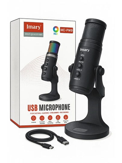 Jmary MC-PW9 USB Mikrofon (RGB, shovqinni kamaytiruvchi, podcast va o‘yin uchun)