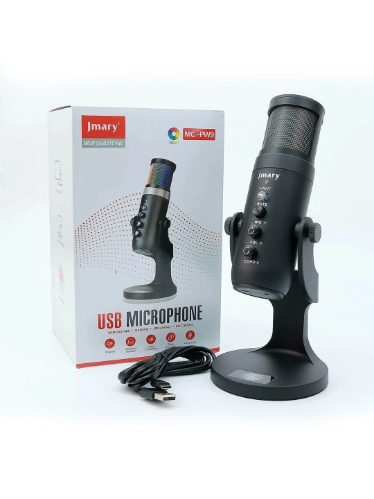 Jmary MC-PW9 USB Mikrofon (RGB, shovqinni kamaytiruvchi, podcast va o‘yin uchun)