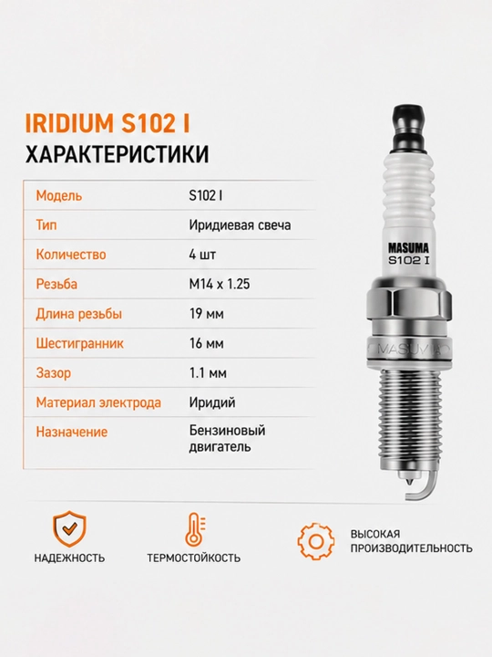 Свечи зажигания MASUMA Iridium S102 I для Gentra, Cobalt, Nexia 3, Spark 1.25