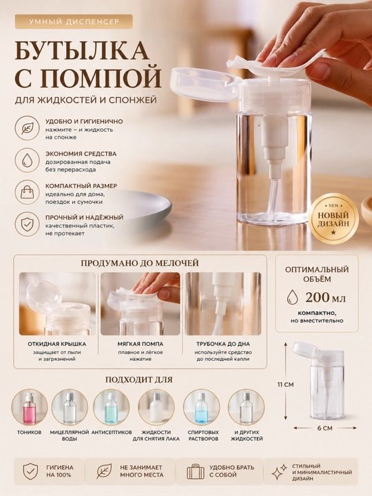 Pompalı flakon-dispenser 200 ml, suyuqliklar uchun idish