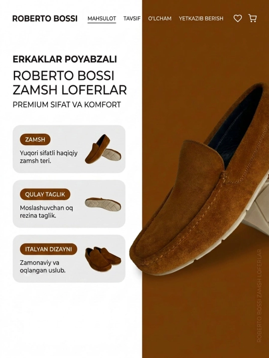Erkaklar mokasinlari,zamsh, Roberto Bossi,tufli,lofer,yozgi, klassik, 100% tabiiy charmdan - 