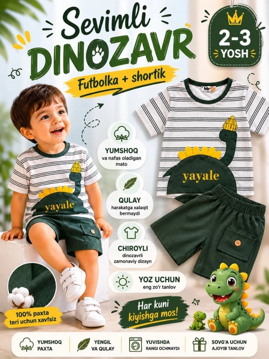 Bolalar uchuny yengil paxta kostyumi futbolka va qulay shortiklar, o‘lchamlari 2-3 yosh