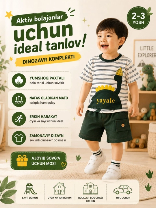 Bolalar uchuny yengil paxta kostyumi futbolka va qulay shortiklar, o‘lchamlari 2-3 yosh