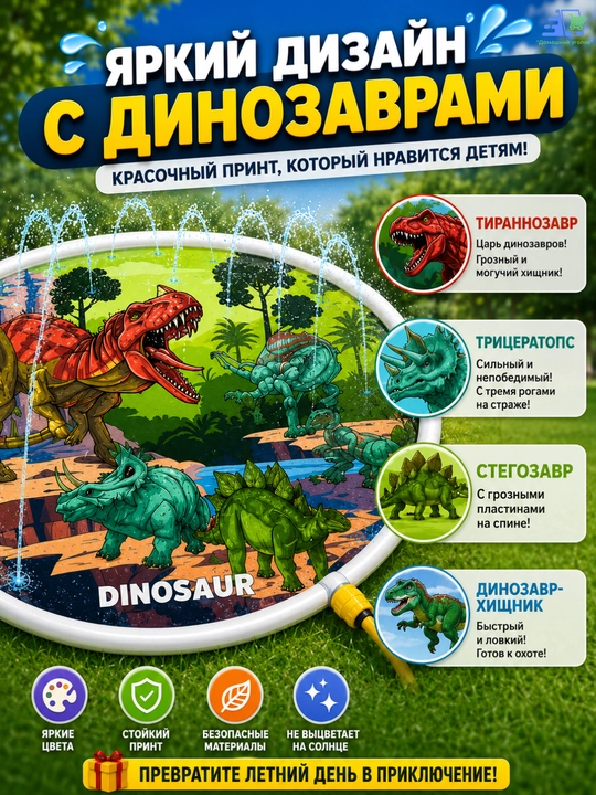 Водный коврик-фонтан для детей 107 см с динозаврами, подключение к шлангу