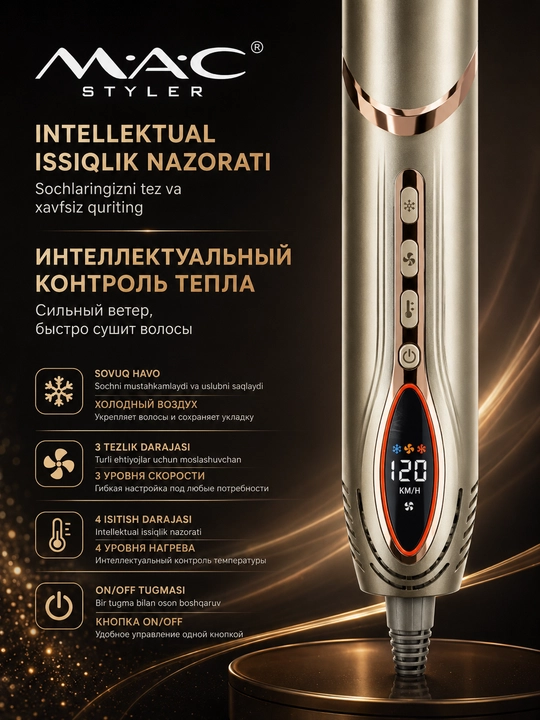 Professional fen stayler MAC-6767 fen LED displey, 8 tasi 1 soch turmaklagichi, 1600W+