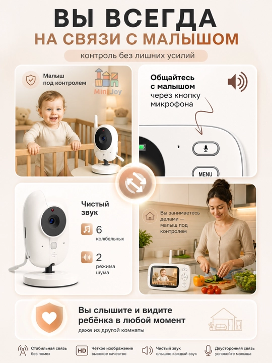 Видеоняня беспроводная с монитором и ночным видением, со звуком, для новорожденных