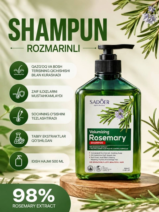 Sochlarni mustahkamlash va o‘stirish uchun rozmarin shampuni, 500 ml - 