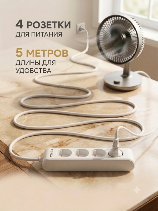Сетевой удлинитель 5 метров, 4 розетки, электрическая переноска для дома и офиса