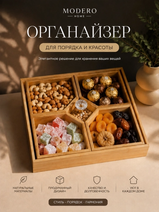 Менажница, бамбуковая менажница для закусок и фруктов, круглая тарелка с секциями 30 см - 