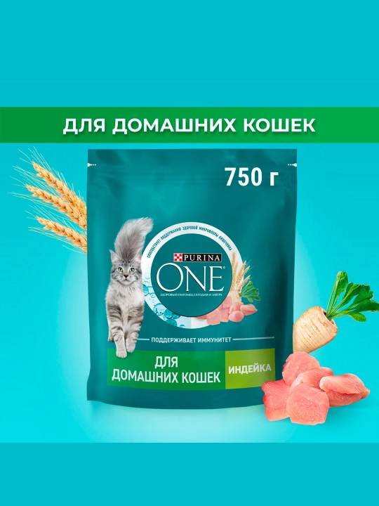 Purina One Домашний, сухой корм для взрослых кошек, с индейкой, 750 гр - 