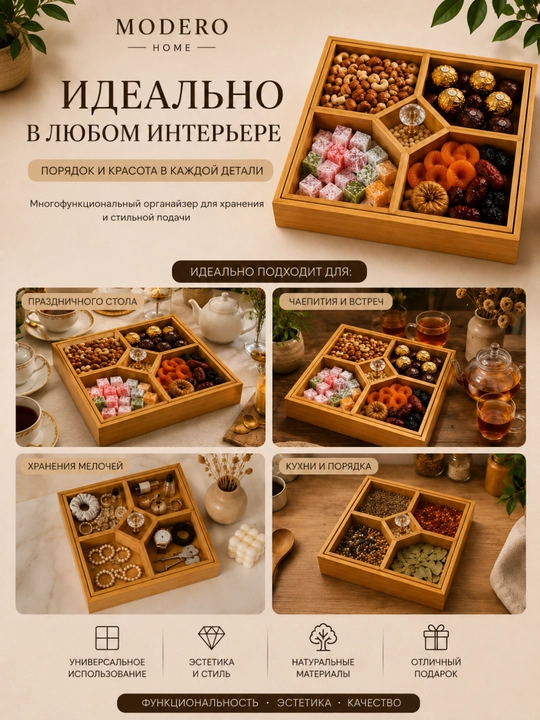 Menajnitsa, bambuk menajnitsa gazak va mevalar uchun bo‘limli lagan 30 sm