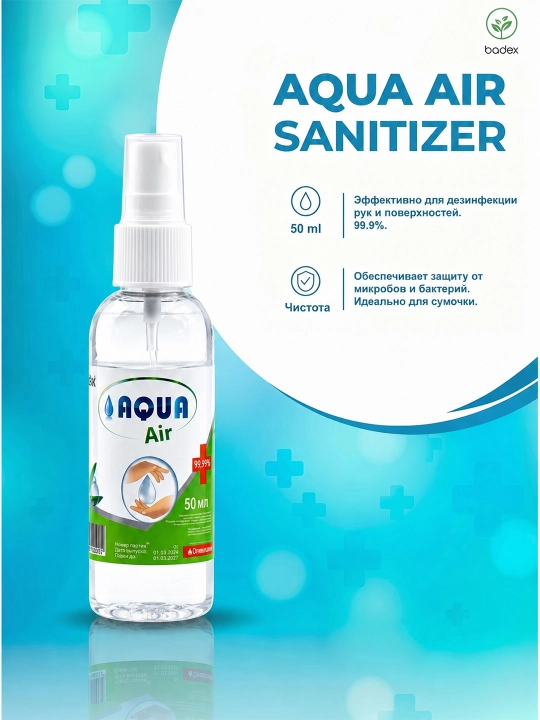 BADEX LIFE Aqua Air antiseptik spreyi, 50 ml, qo‘l va yuzalar uchun, dezinfeksiyalovchi vosita - 