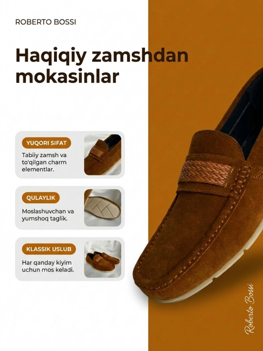Erkaklar mokasinlari,zamsh, Roberto Bossi,tufli,lofer,yozgi, klassik, 100% tabiiy charmdan - 