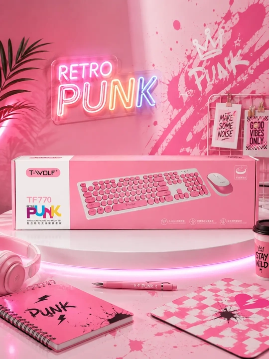 T-WOLF TF770 Retro Punk simsiz klaviatura va sichqoncha to‘plami, 2.4G Wireless, pushti