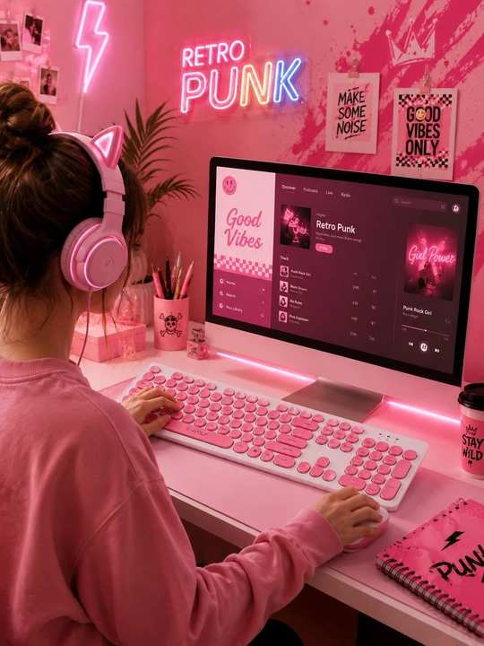 T-WOLF TF770 Retro Punk simsiz klaviatura va sichqoncha to‘plami, 2.4G Wireless, pushti