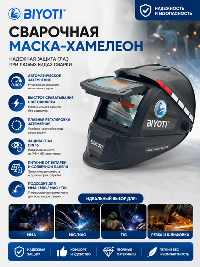 Сварочная маска BIYOTI BYT-WH08, автоматическое затемнение, MMA/MIG/TIG