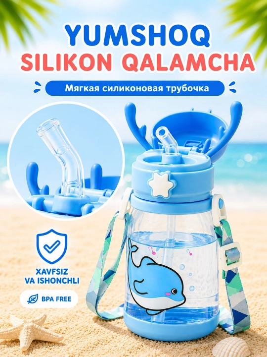 600 ml hajmli naychali, germetik, tasmali bolalar suv idishi