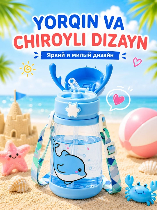 600 ml hajmli naychali, germetik, tasmali bolalar suv idishi