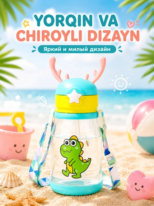 600 ml hajmli naychali, germetik, tasmali bolalar suv idishi