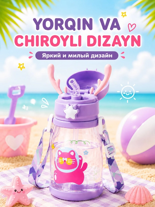 600 ml hajmli naychali, germetik, tasmali bolalar suv idishi