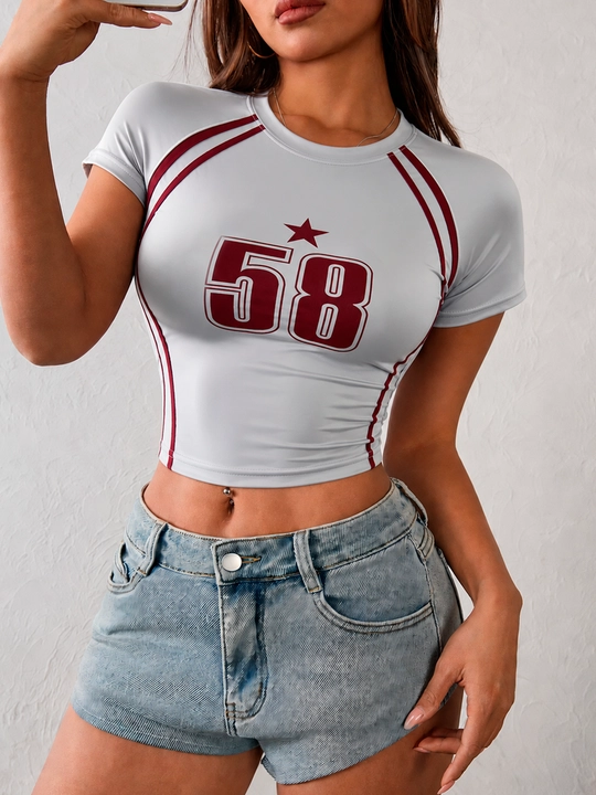 Vintage krop top, qisqa yengli ayollar retro futbolkasi