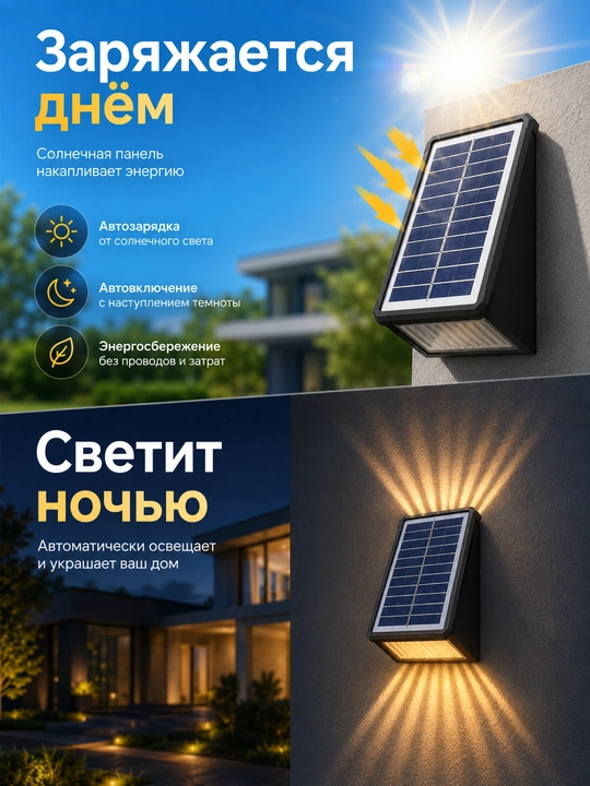 Quyosh panelli devor chirog‘i, 2 nurli LED tashqi chiroq, fasad, bog‘ va ayvon uchun
