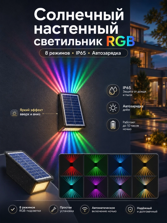 Quyosh panelli devor chirog‘i, 2 nurli LED tashqi chiroq, fasad, bog‘ va ayvon uchun