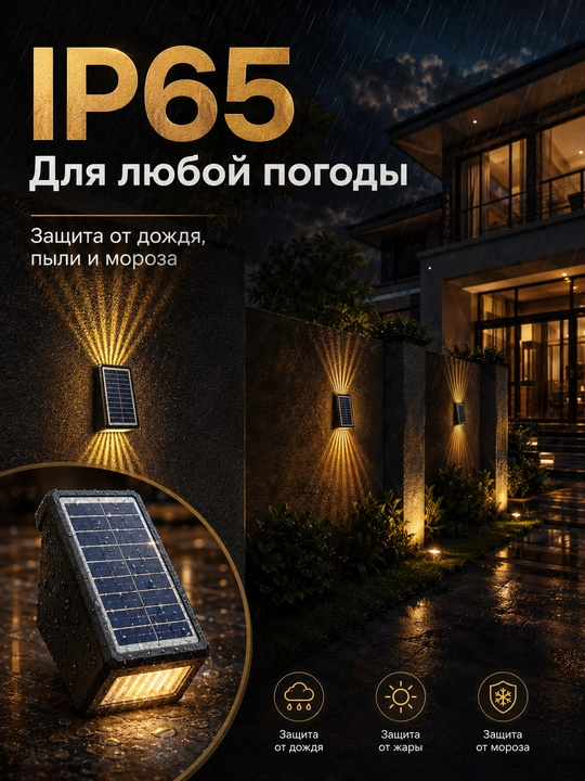 Quyosh panelli devor chirog‘i, 2 nurli LED tashqi chiroq, fasad, bog‘ va ayvon uchun