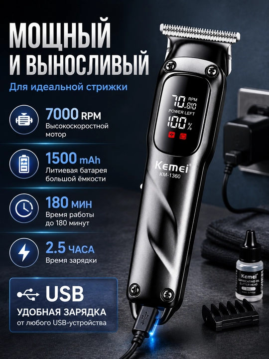 Trimmer soch olish mashinasi KEMEI KM-1360, soqol uchun