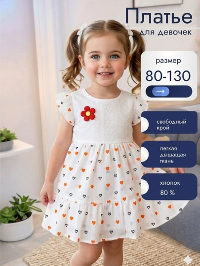 Хлопковое повседневное платье для девочек, 1–6 лет