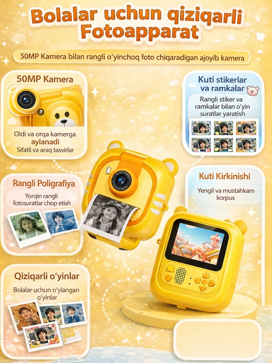 Bolalar uchun tezkor chop etish kamera, fotosurat, fotoapparat, termo printeri, fotoqog'oz - 