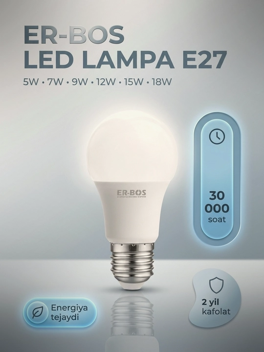 LED lampa, ER-BOS 5W-7W-9W-12W-15W-18W E27: energiya tejamkor A+, chiroq, lampochka, lampa - 