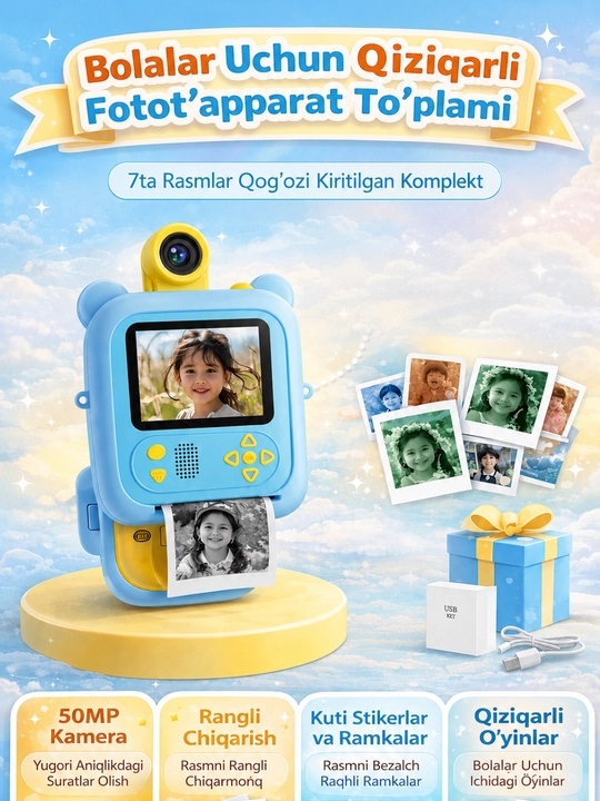 Bolalar uchun tezkor chop etish kamera, fotosurat, fotoapparat, termo printeri, fotoqog'oz - 