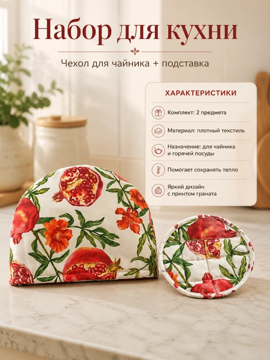 Oshxona uchun to‘plam: choynak g‘ilofi va taglik, anor printli - 