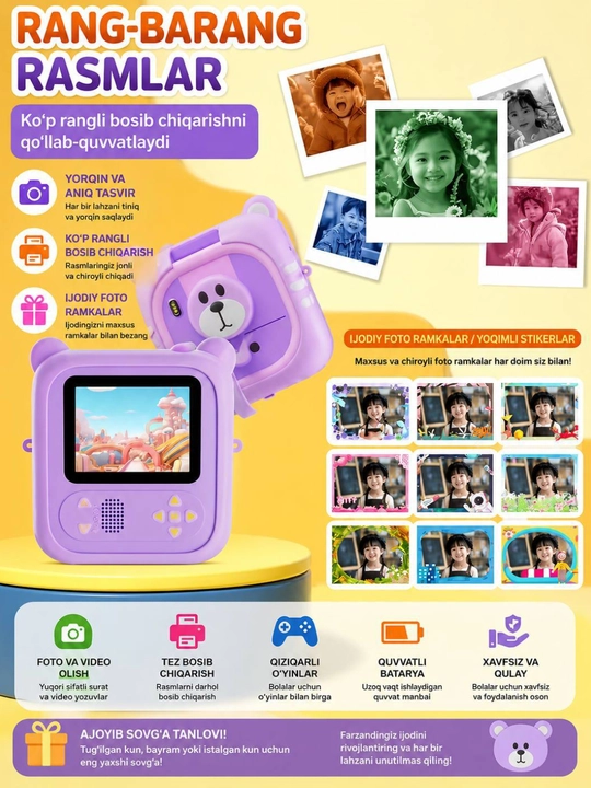 Bolalar uchun tezkor chop etish kamera, fotosurat, fotoapparat, termo printeri, fotoqog'oz - 