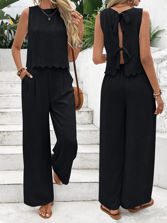 Ayollar uchun yozgi kostyum – keng shim va yengsiz bluzka, 2 qismli casual to'plam - 